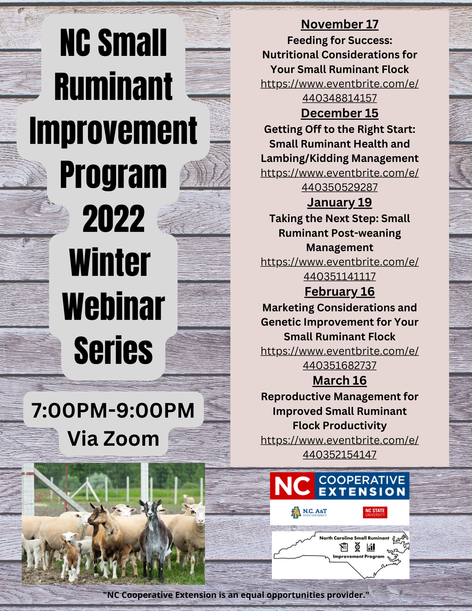 NC Small Ruminant Improvement Program 2022 Winter Webinar Series. 7:00 p.m. – 9:00 p.m.